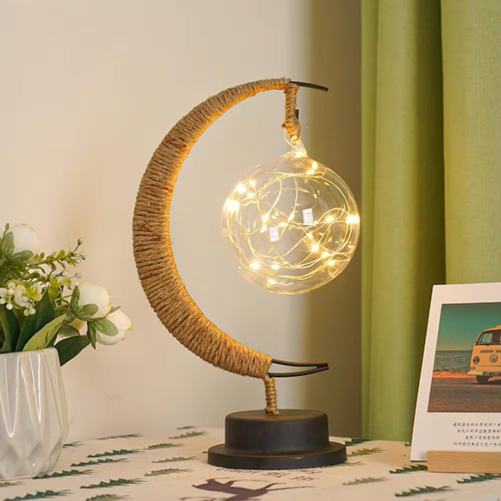 Світильник на батарейках нічник у формі місяця Niki Light металевий каркас та конопляна мотузка теплий білий Київ - фото 1