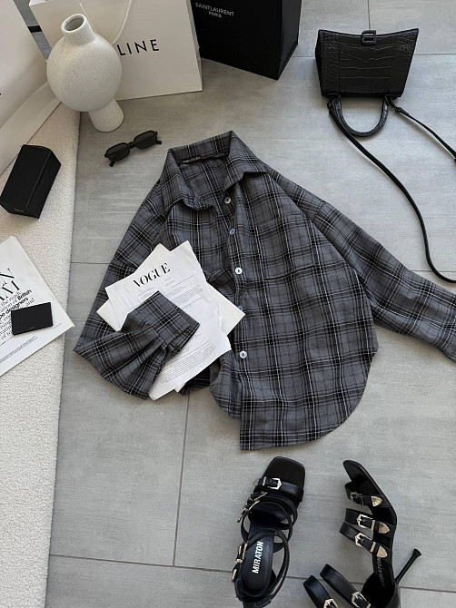 Женская стильная оверсайз рубашка в клетку фланель 100% коттон Графит Одесса - изображение 3