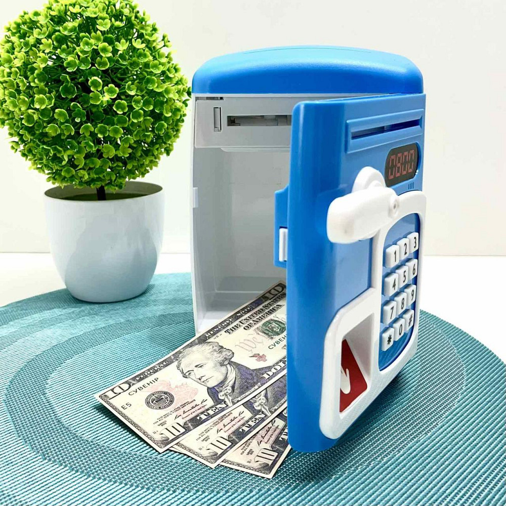 Сейф-скарбничка дитяча зі сканером відбитка пальця та кодовим замком затягує купюри звук підсвічування Синій (MK 5411) Чернігів - фото 8