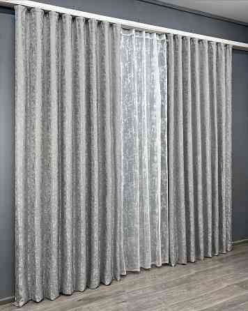 Комплект штор VR-Textil Льон Мармур 100х270 2шт і Тюль 300х270 1263ш-1400т Світло-сірий з білим 71-133/1 Київ