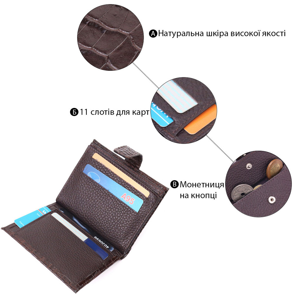 Компактный мужской кошелек из натуральной кожи с тиснением под крокодила KARYA 21386 Коричневый Киев - изображение 8
