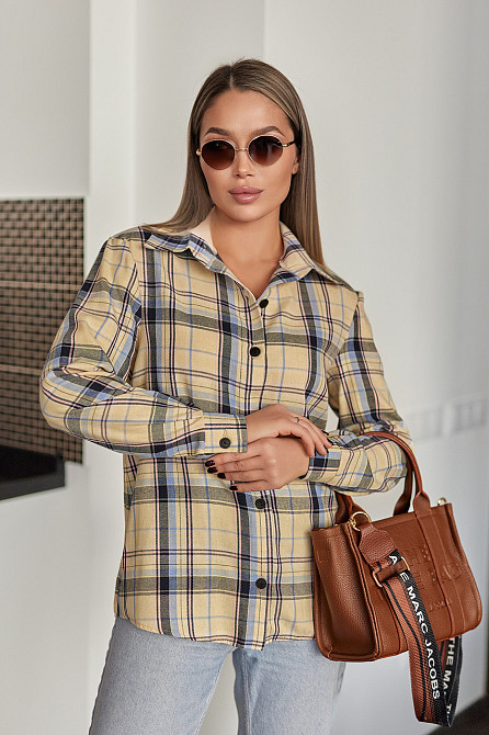 Жіноча сорочка в клітинку оверсайз "Wise" | Норма і батал Жовтий, 54-56 Київ - фото 1