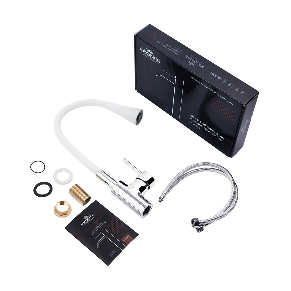 Змішувач для кухні з гнучким виливом Kroner KRP Küche - C031WHI білий/хром Київ - фото 9