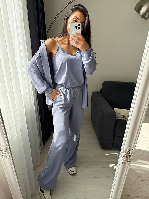 Женский базовый костюм тройка: рубашка майка и штаны креп жатка Серый, 46/48 Одесса - изображение 7