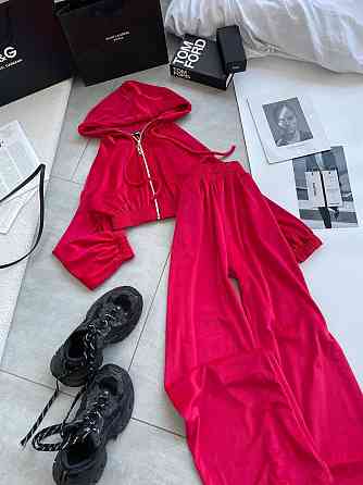 Женский прогулочный оверсайз костюм двойка: кофта и штаны турецкий велюр. Красный Одесса