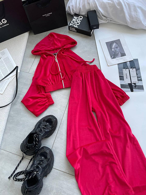 Женский прогулочный оверсайз костюм двойка: кофта и штаны турецкий велюр. Красный Одесса - изображение 5