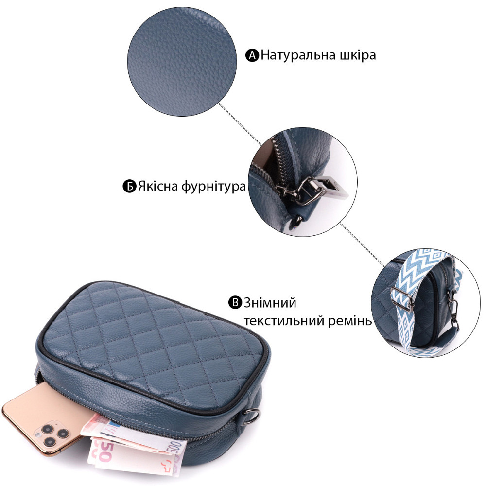 Шкіряна сумка через плече на одне відділення для жінок Vintage 22385 Синя Київ - фото 4