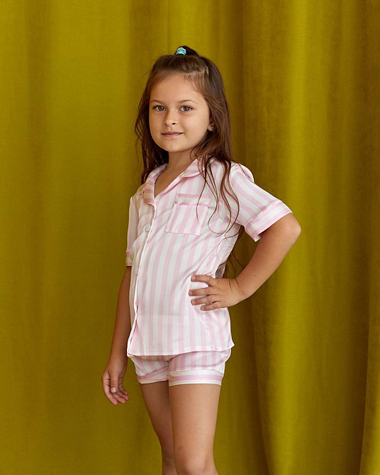 Дитяча піжамка із сатину шорти з сорочкою Світло-рожевий смужка р 154-158 Харків - фото 2