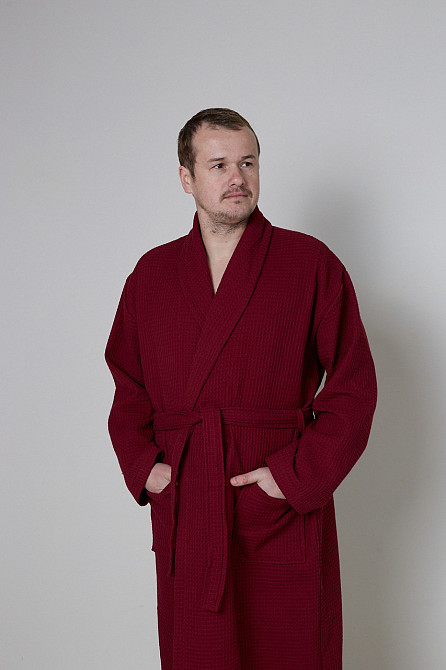 Чоловічий вафельний халат Ideal Textile довгий бордовий (56860594) Чернівці - фото 2