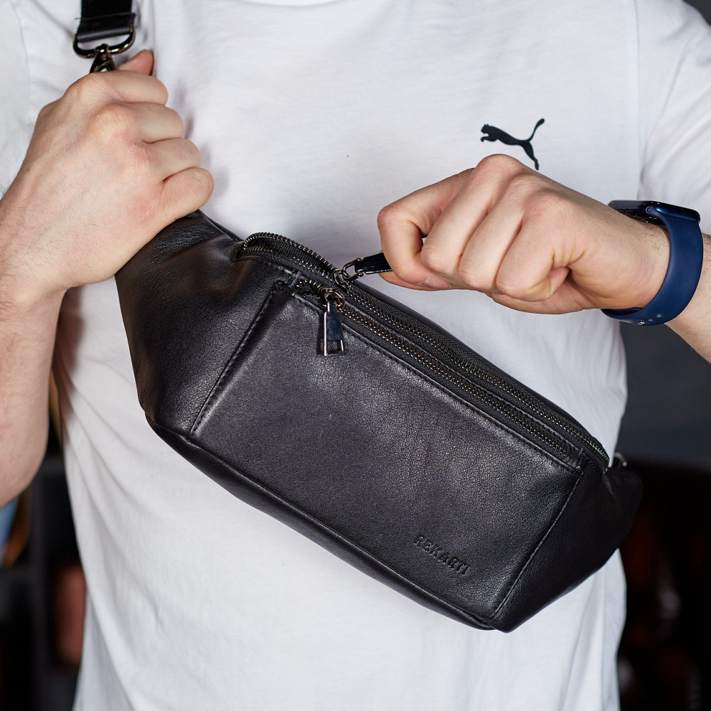 Сумка-бананка для телефону 11х25х8, стильний слінг із натуральної гладкої шкіри TD-31848 чорний Кам'янське - фото 10