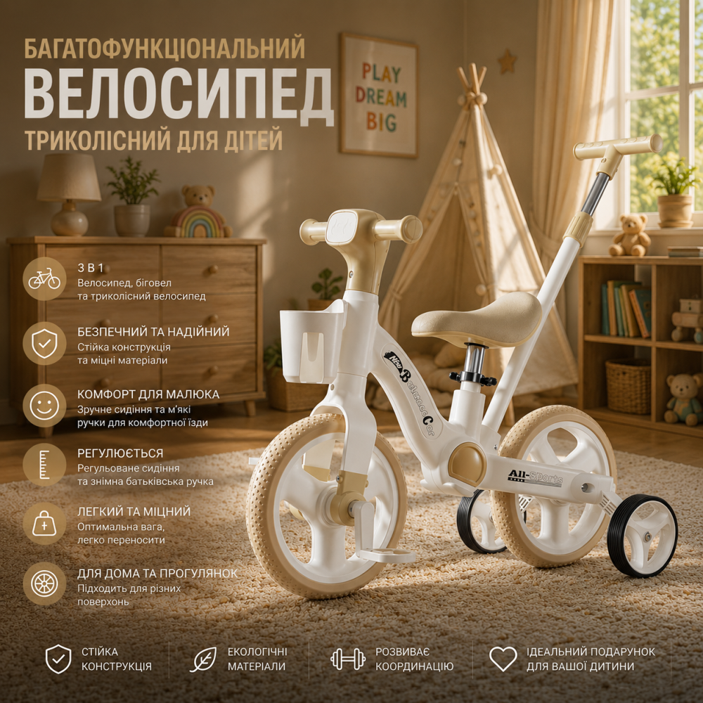 Детский беговел-велосипед AMBERZ Black со светом, музыкой и педальным приводом на переднее колесо, для детей от 2 до 5 лет Киев - изображение 2