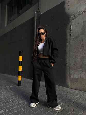 Утепленный женский костюм двойка в спортивном стиле трехнитка на флисе Черный, 42/44 Одесса