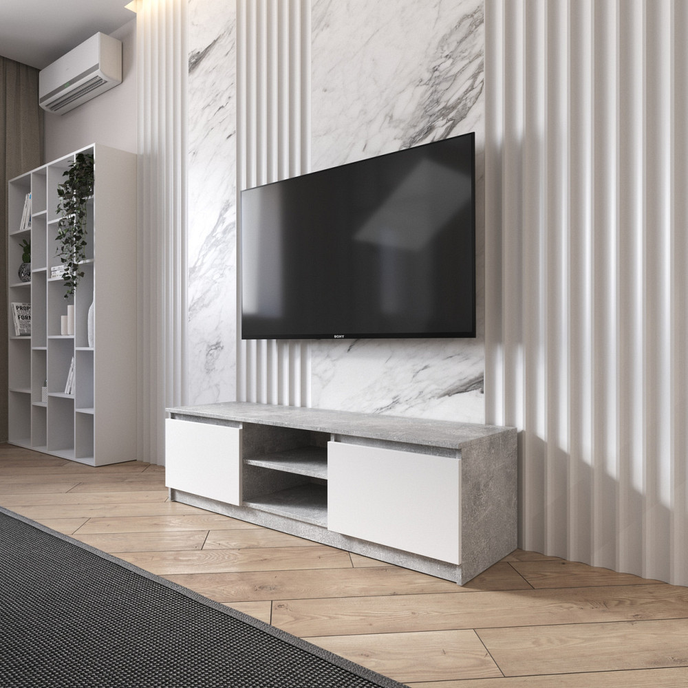 Тумба под телевизор VAYS R-14 Бетон-Белый фасад, с открытой нишей, ЛДСП, 140×40×40 см – для гостиной и спальни, под ТВ Львов - изображение 1