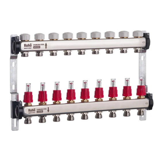 Колектор з витратоміром та термостатичними клапанами Roho R804-09 - 1"х 9 вих. (RO0041) Київ