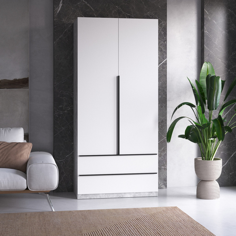 Шафа для одягу VAYS M-30 Бетон-Білий фасад, 2 шухляди, з штангою та полицями, ЛДСП, 100×50×220 см – для спальні, вітальні, передпокою Львів - фото 1