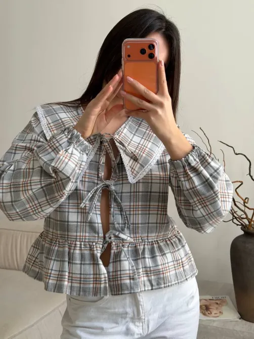 Стильна жіноча картата сорочка з мереживом Одеса - фото 3