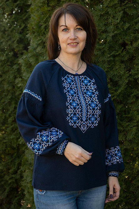 Вишиванка чоловіча, лляна, з довгим рукавом, темно-синя, лен  - , топ Київ - фото 7