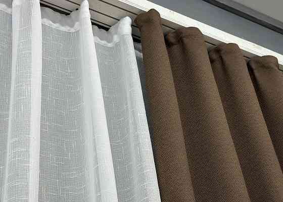 Комплект штор VR-Textil Лен Мешковина 150х270 2шт и Тюль 400х270 277ш-115т Коричневый с белым 71-015/3 Киев