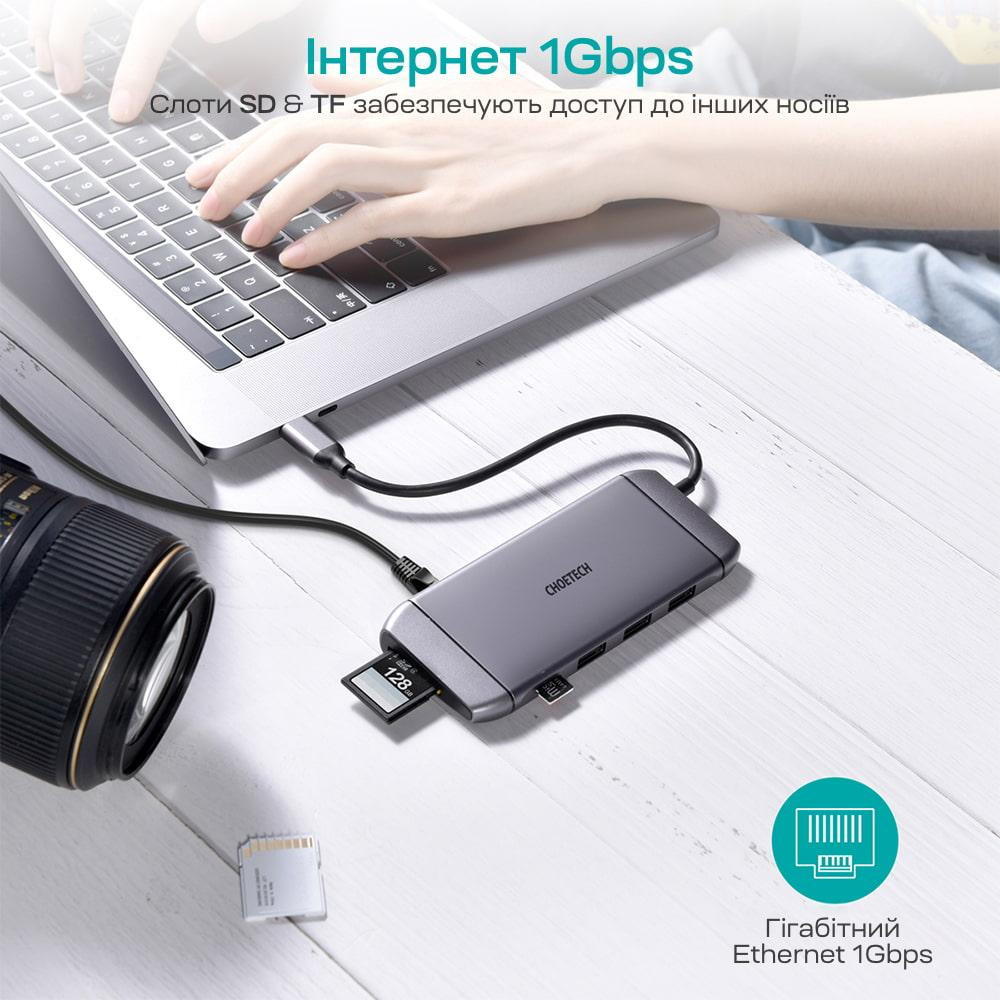 USB-C хаб 9-в-1 Choetech M15 HDMI 4K@30Hz, VGA, 3 USB3.0, RJ45, USB-C PD, SD-card, TF-card (43-00153) Киев - изображение 18