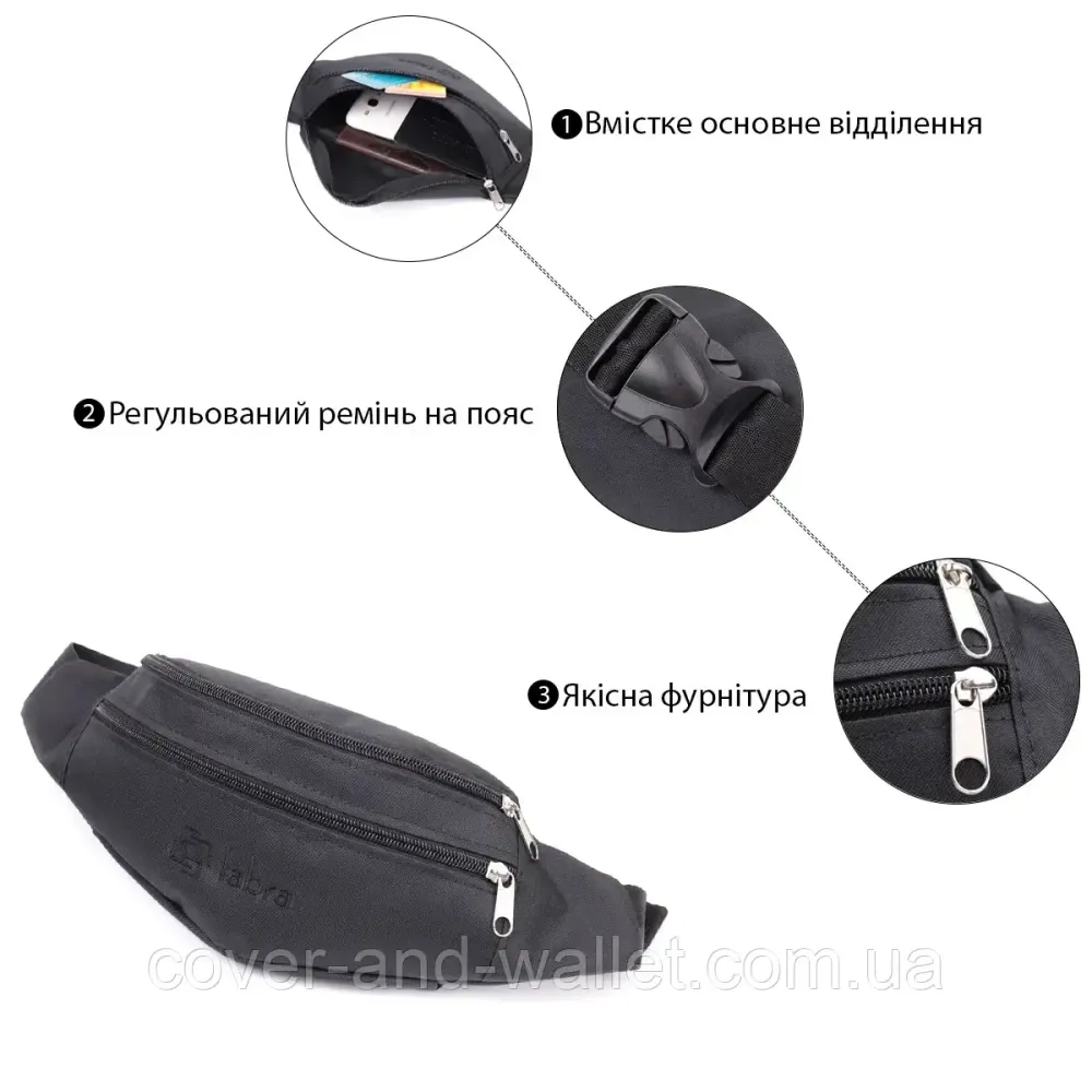 Стильная сумка-бананка на пояс из качественного полиэстера черного цвета FBR Киев - изображение 3