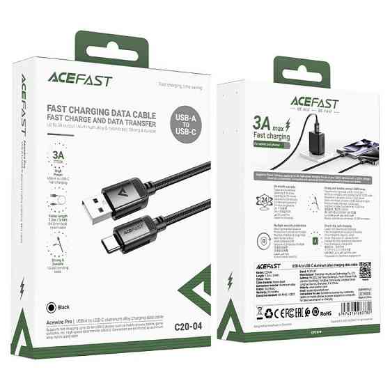 Кабель ACEFAST C20-04 USB-A to USB-C aluminum alloy charging data cable Black Одеса