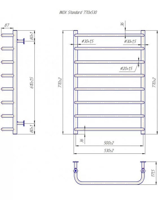 Водяной полотенцесушитель Mario INOX Стандарт 770х530/500 черный мат Киев - изображение 2