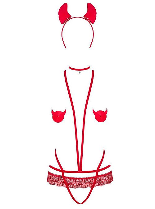 (SALE) Эротический костюм чертика из стреп Obsessive Evilia teddy red L/XL, боди, чокер, накладки на соски, Sex Aura Киев - изображение 5