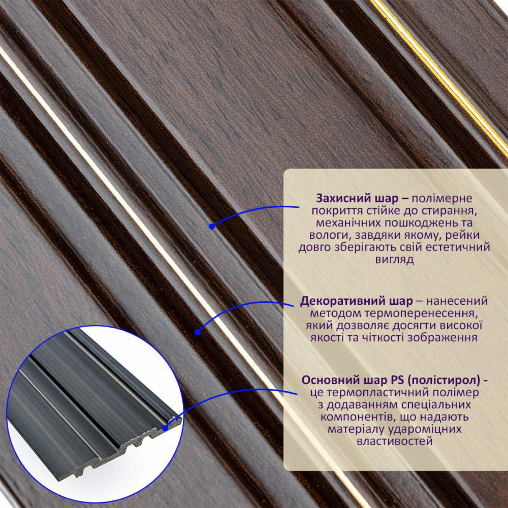 Рейка декоративная PS 2900х120х12мм Темный орех с золотом SW-00002131- Киев - изображение 2