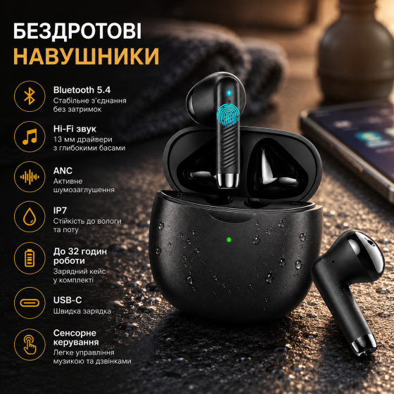 Беспроводные наушники Jxrev Bluetooth 5.4, Hi-Fi, 13 мм, ANC, IP7, до 32 часов, USB-C, сенсорное управление, Black Киев