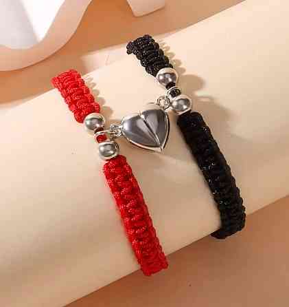 Парні браслети для закоханих з серцем, браслети для пари червоний та чорний, регульовані браслети дружби Київ