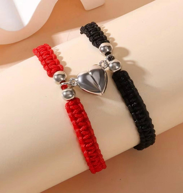 Парні браслети для закоханих з серцем, браслети для пари червоний та чорний, регульовані браслети дружби Київ - фото 2