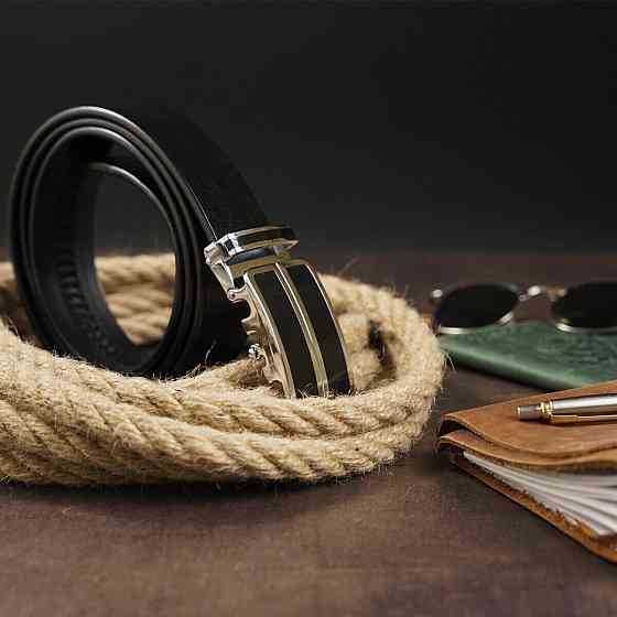 Ремень мужской с автоматической пряжкой и черными вставками Vintage 20281 Черный Киев