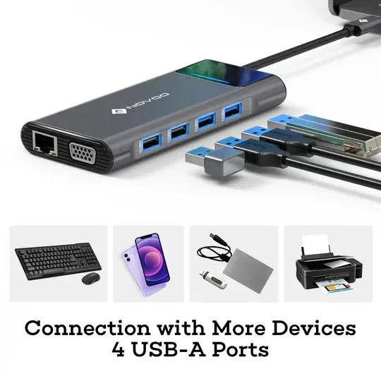 Док-станция NOVOO 12in1 ProUSB C, многопортовая, 4K, HDMI, VGA, Ethernet 1000 Мбит/с, зарядка PD 100 Вт, 3 USB 3.0, слоты SD/TF Th Киев