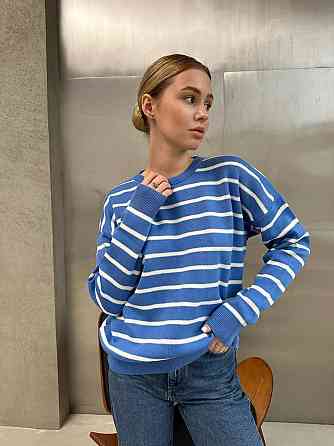Жіночий базовий смугастий светр оверсайз шерсть 70% акрил 30% Синій Одеса