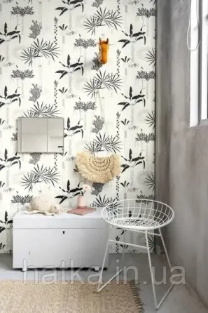 Шпалери вінілові на флізеліні Rasch Clasik 0,53х10 дитячі екзотичні дерева пальми квіти листя чорне на білому Київ