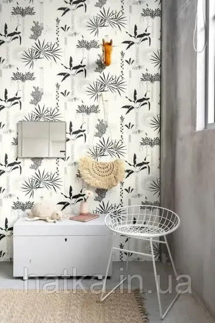 Обои виниловые на флизелине Rasch Clasik 0,53х10 детские экзотические деревья пальмы цветы листья черные на белом Киев - изображение 1