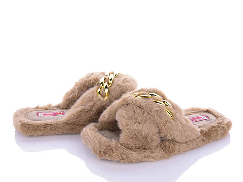 Жіночі капці домашні відкриті хутряні навкрест із золотою цепкою Бежевий 38 Одеса - фото 2