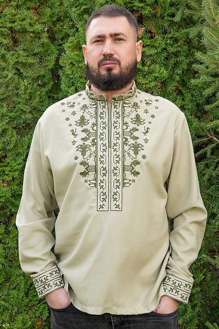 Вишиванка чоловіча, лляна, з довгим рукавом, оливкова льон  Одяг, топ 48/50 Київ - фото 1