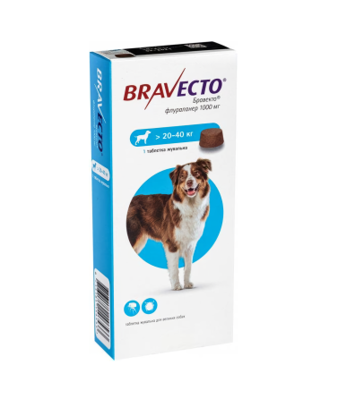 Бравекто 1000 мг 1 табл. для собак 20-40 кг (от блох и клещей на 3 месяца) MSD Нидерланды (срок до 09.2026г) Винница