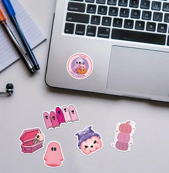 Набір милих рожевих вінілових наклейок на Хеллоуїн,набір наклейок з кажанами , гарбузами, привидами, Київ - фото 6