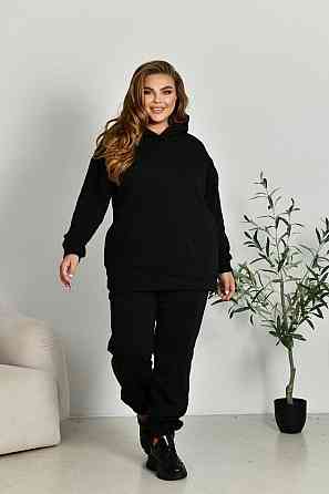 Жіночий прогулянковий костюм: худі та штани батал у спортивному стилі тринитка на флісі Чорний, 56/58 Одеса