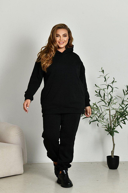 Жіночий прогулянковий костюм: худі та штани батал у спортивному стилі тринитка на флісі Чорний, 56/58 Одеса - фото 4