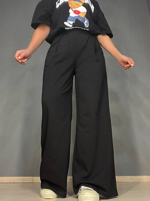 Брюки жіночі A-N 2333 широкі палаццо рівні від стегна талія на резинці щільний трикотаж чорні, чорний, M Київ - фото 1