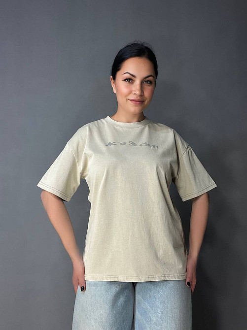 Футболка женская A-N 27039 вареная тай-дай оверсайз хлопок с надписью, бежевый, one size Киев - изображение 5