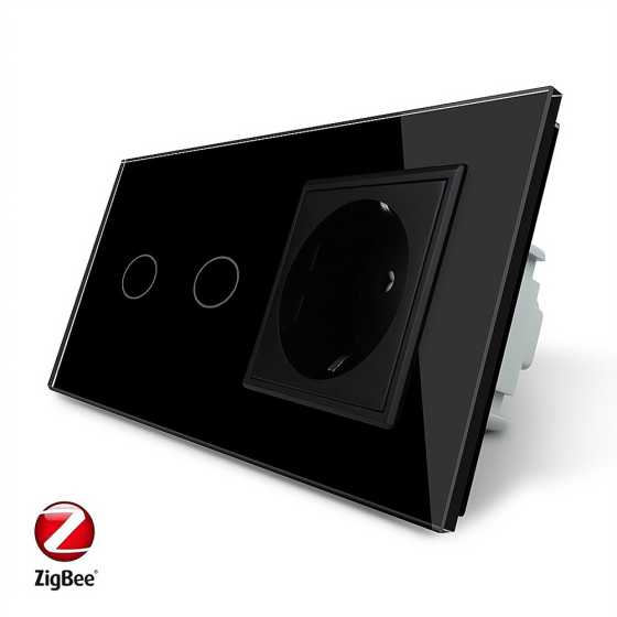 Розумний сенсорний ZigBee вимикач 2 сенсора 1 розетка Livolo чорний скло (VL-C702Z/C7C1EU-12) Коломыя