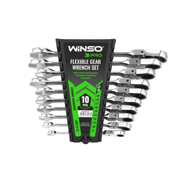 Набор комбинированных ключей с трещоткой и карданом WINSO PRO Cr-V, 10 шт (8–19 мм), в держателе Киев
