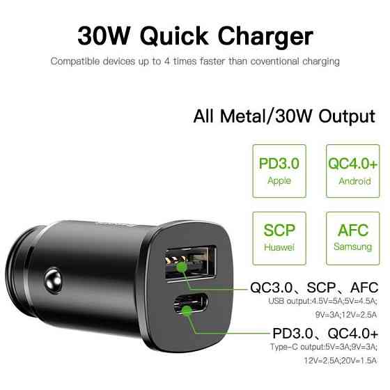 Автомобильное зарядное устройство BASEUS B5-C15C PPC Car Charger 30W PD QC 4.0 (Черное, Type-C + USB) Николаев