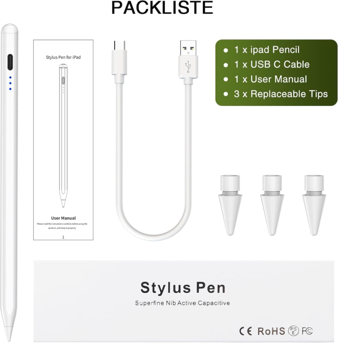 Стилус HATOKU ID732 для iPad 2018–2025, Palm Rejection, Tilt, магнітний, USB-C, зарядка 15 хв, білий Київ - фото 9