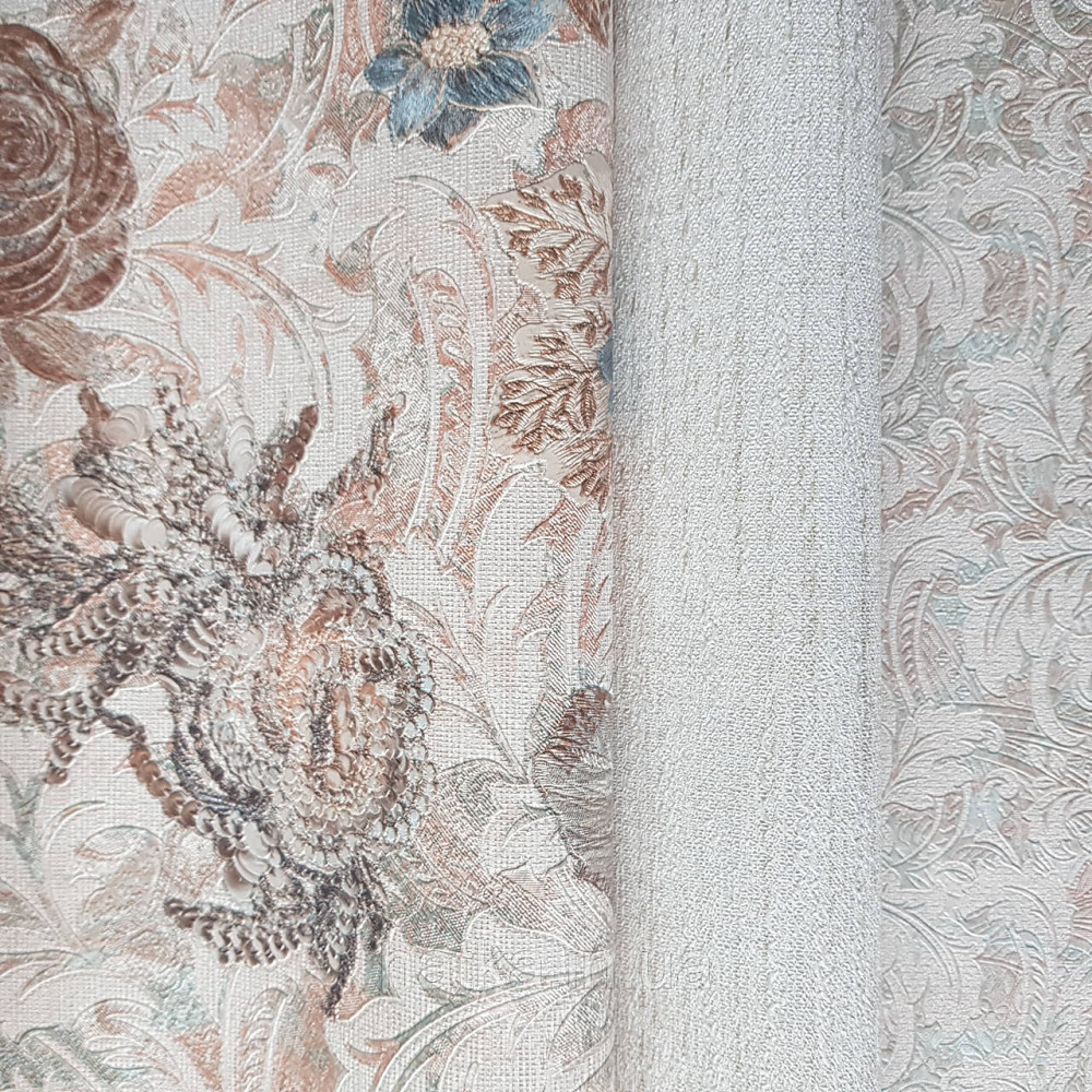 Шпалери метрові вінілові на флізелін Yuanlong Samsara бароко квіти вензель бірюзові коричневі на бежевому Київ - фото 3