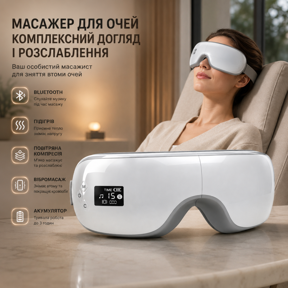 Масажер для очей з Bluetooth, підігрівом, повітряно-компресійним та вібромасажем, акумуляторний, сріблясто-білий Київ - фото 4